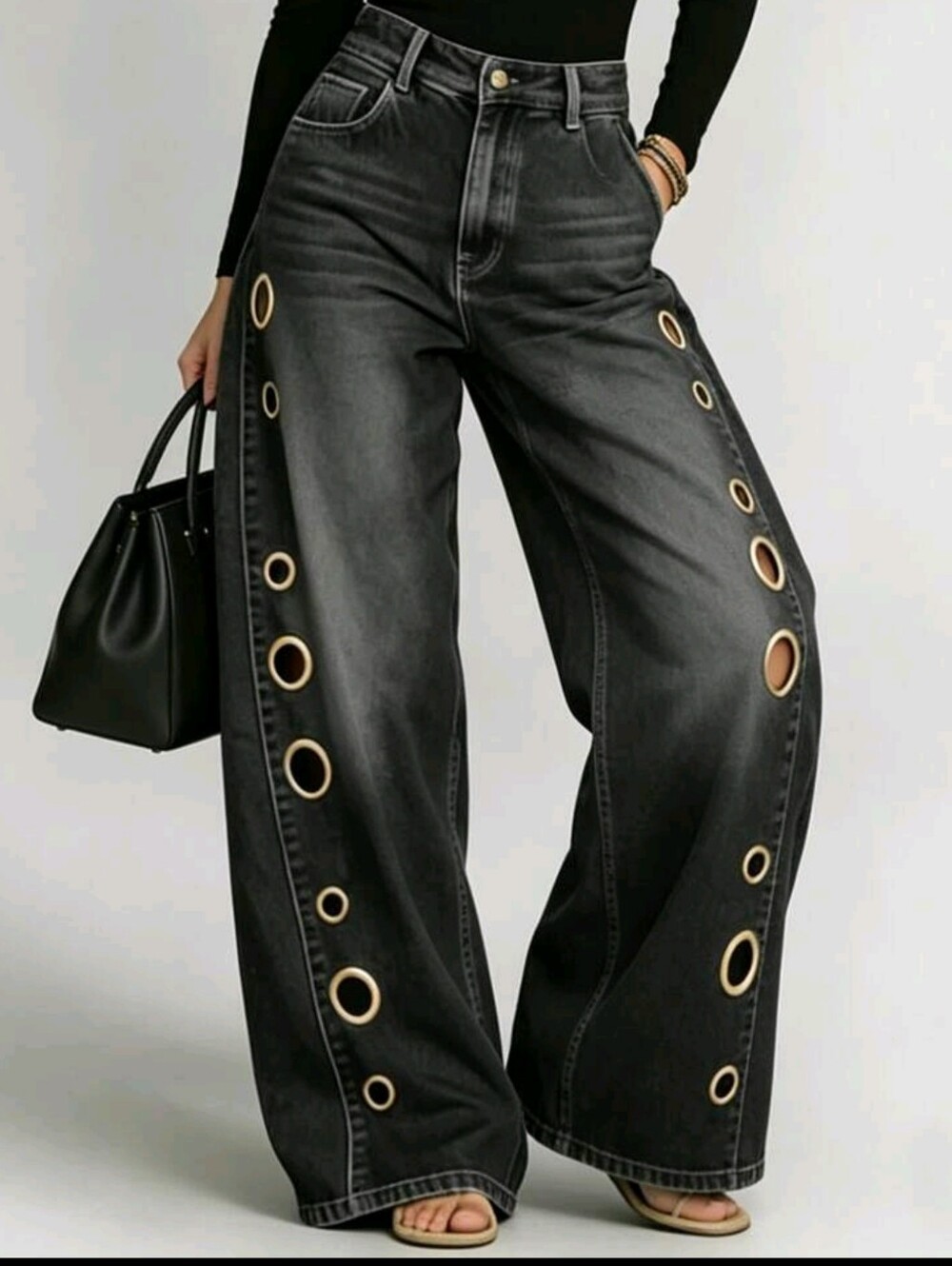 Wide Leg Black Jeans with Gold Eyelet Detail - Picture 4 of 6